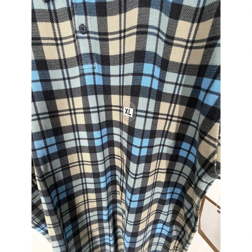 Vans Bellmoor Plaid Polo Shirt Men XL Blue Navy Tan Loose Fit VN000KUNE88 NWT